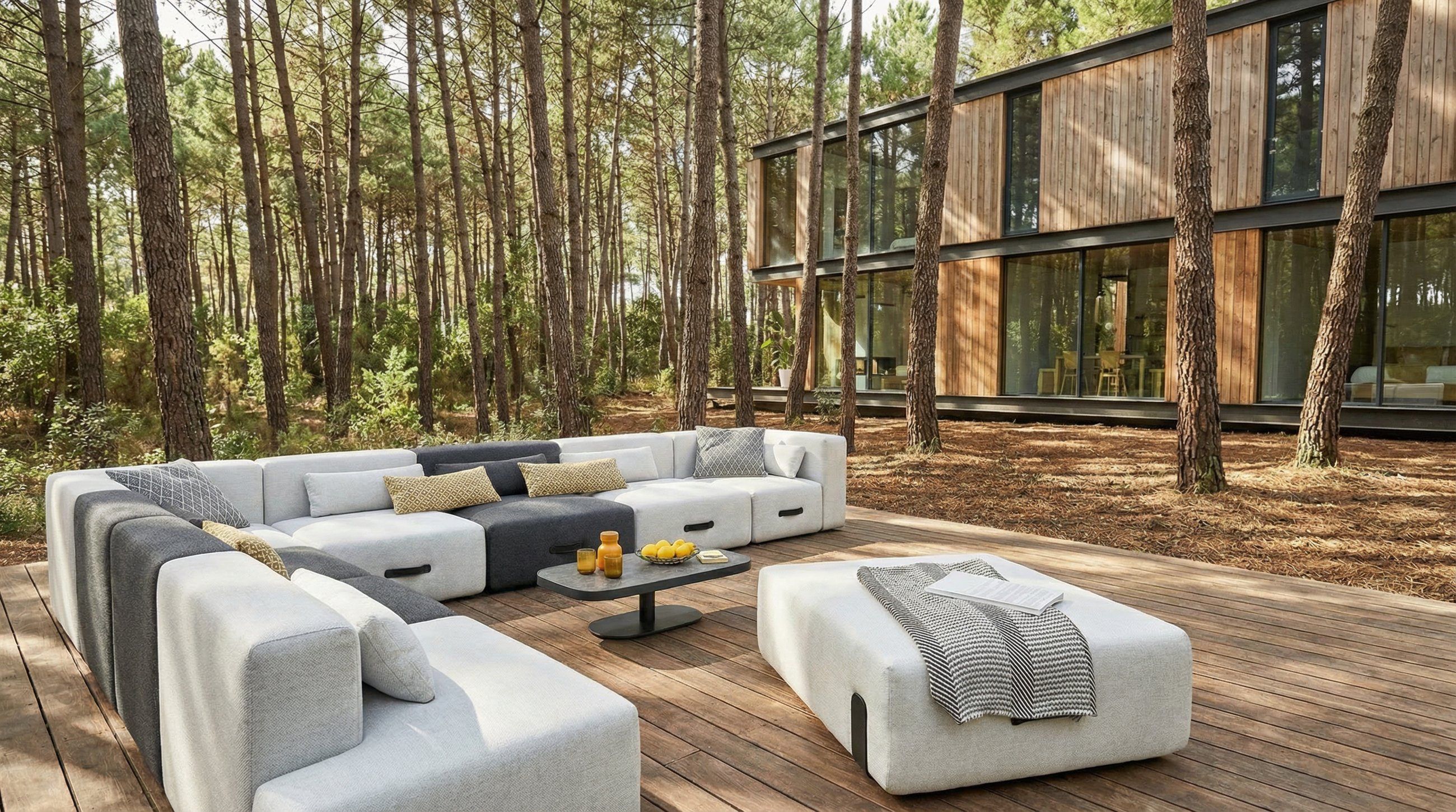 Conmoto Miami modular outdoor lounge in light grey arranged on a timber deck amid pine trees, no people